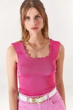 Olalook Women's Open Fuchsia Collar Detailed Waist Top Knitwear Blouse