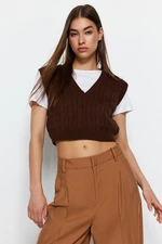 Trendyol Brown Crop Pletený svetr s výstřihem do V