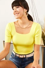 Olalook Women's Yellow Square Collar Above Waist Knitwear Blouse