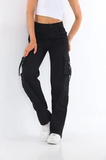 BİKELİFE Black High Waist Multi Pocket Wide Leg Wide Leg Cargo Pants