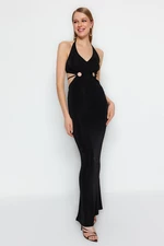 Trendyol Black Fitted Knitted Window/Cut Out Detailed Shimmer Long Evening Evening Dress