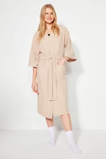 Trendyol Stone Belted Cotton Textured Knitted Dressing Gown