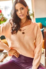 Olalook Women's Powder Powder V-Neck Button Detailed Soft Textured Knitwear Sweater