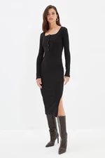 Trendyol Black Buttoned Square Collar Formal Fitted Long Sleeve Ribbed Flexible Midi Dress with a Slit
