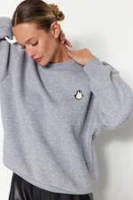 Trendyol Gray Animal With Embroidery Regular/Regular Fit Knitted Sweatshirt with Fleece Inside