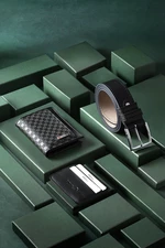 Polo Air Black Checkerboard Patterned Boxed Men's Wallet Belt Card Holder Set