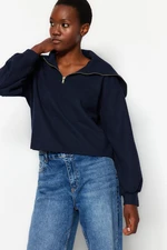 Trendyol Navy Blue Thessaloniki/Knitwear Look Polo Collar Zippered Regular Fit Knitted Sweatshirt Trendyol Navy Blue Thessaloniki/Knitwear Look Polo Collar Zippered Regular Fit Knitted Sweatshirt