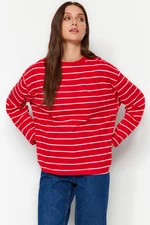 Trendyol Red Striped Oversize/Wide-Fit Crew Neck Thin Knitted Sweatshirt