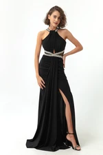 Lafaba Women's Black Stone Detailed Tail Long Evening Dress.
