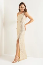 Lafaba Women's Beige One-Shoulder Slit Long Evening Dress