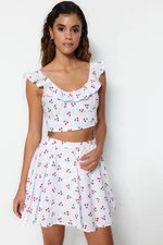 Trendyol White Fruit Patterned Woven Ruffles 100% Cotton Blouse and Skirt Set