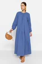 Trendyol Indigo Gathered Detail 100% Cotton Muslin Wide Fit Lined Woven Dress