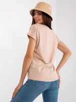Basic beige women's T-shirt with V-neck