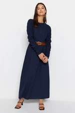 Trendyol Navy Blue Linen-Mixed Woven Shirt Dress with Shirring Pocket Detail with Belt