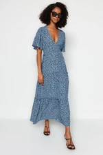 Trendyol Blue V-Neck Printed Woven Relaxed Fit Woven Dress