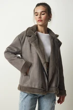 Happiness İstanbul Women's Gray Shearling Nubuck Coat