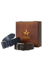 ALTINYILDIZ CLASSICS Men's Navy Blue-Brown Special Wooden Gift Boxed Set of 2 Denim Belts Groom's Pack