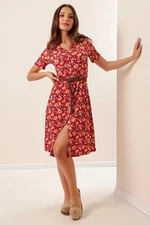 By Saygı Floral Leaf Pattern See-through Dress With Buttons In The Front With A Belt. Red