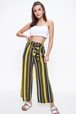 By Saygı Elastic Waist Striped Viscose Trousers Green