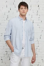 ALTINYILDIZ CLASSICS Men's White-Blue Comfort Fit Comfy Cut Buttoned Collar Cotton Check Shirt.