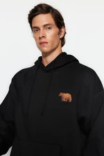 Trendyol Men's Black Oversize Hoodie with Animal Embroidery and a Soft Pillow Inside Cotton Sweatshirt.