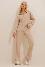 Trend Alaçatı Stili Women's Beige Polo Neck Top and Palazzo Trousers Knitwear Bottom and Top Set