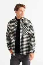 AC&Co / Altınyıldız Classics Men's Ecru-black Comfort Fit Relaxed Cut Button Collar Checked Shirt