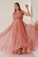 By Saygı V-Neck Front And Back With Buckle In The Front Tulle Evening Dress.