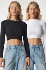 Happiness İstanbul Women's White Black Ribbed 2-Pack Knitwear Crop Blouse