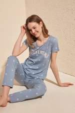 Trendyol Blue 100% Cotton Polka Dot T-shirt-Pants Knitted Pajama Set