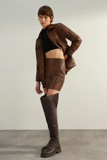 Trendyol hnědá prémiová vysoce kvalitní mini sukně z umělé kůže.