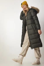 Šťastie İstanbul Dámsky khaki kapucňa dlhý puffer kabát