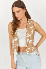 armonika Women's Beige Patterned Crop Vest Without Buttons