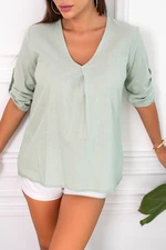 armonika Women's Mint V-Neck Pleat Detailed Blouse with Epaulette Sleeves
