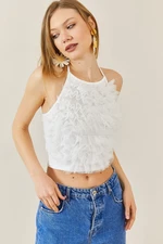 XHAN White Halterneck & Low-Cut Back Crop Blouse