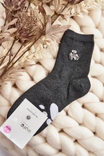 Women's cotton socks with teddy bear applique, dark grey