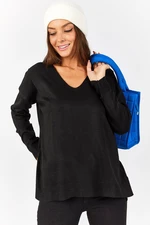 armonika Women's Black V-Neck Front Short Back Long Knitwear Sweater