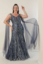 By Saygı Tulle Over the Shoulder Plus Size Lined, Silvery Long Dress With Shawl