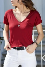 XHAN Women's Claret Red V-Neck Basic T-shirt