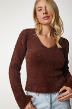 Happiness İstanbul Women's Brown V-Neck Bearded Knitwear Sweater