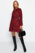 Trendyol Claret Red Crepe/Textured Print Polo Neck Skater/Belt Opening at the Waist Mini Knitted Dress
