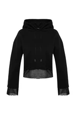 Trendyol Black Thick Fleece Inner Mesh Detailed Hooded Comfort-Cut Crop Knitted Sweatshirt