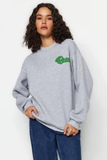 Trendyol Gray Melange Thick Fleece Inside, Embroidery Oversized/Wide Knitted Sweatshirt