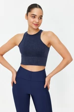 Trendyol Navy Blue Seamless/Seamless Crop Acid Wash Barter Neck Knitted Sports Top/Blouse