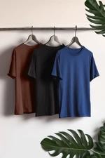 Trendyol Black-Brown-Navy Blue Basic Slim 100% Cotton 3 Pack Short Sleeve T-Shirts