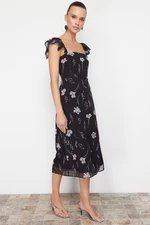 Trendyol Black Floral A-Line Sleeves Flounce Midi Woven Dress