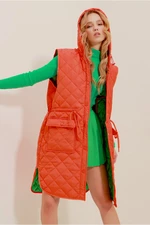 Trend Alaçatı Stili Women's Orange Quilted Vest with a Hooded Long Sleeve with Envelope Pockets with Snap Snap Close