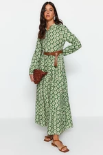 Trendyol Green Floral Patterned Lined Woven Dress with a Belt and Ruffles