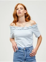 Svetlomodrý crop top s odhalenými ramenami Pieces Leah