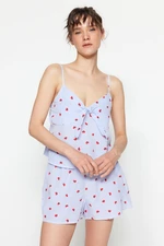 Trendyol Blue Striped Heart Printed Poplin Singlets-Shorts Woven Pajamas Set